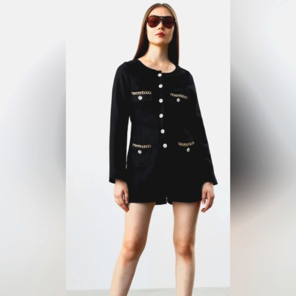 Romper,Pomelo Long Sleeves black -with golden chain and diamond buttons xxs